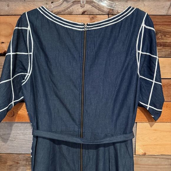 eShakti Embellished Cotton Chambray Belted Short Sleeve Midi Dress Modest Dressy - Picture 10 of 14